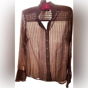 J. Crew brown ruffle silver thread button down blouse